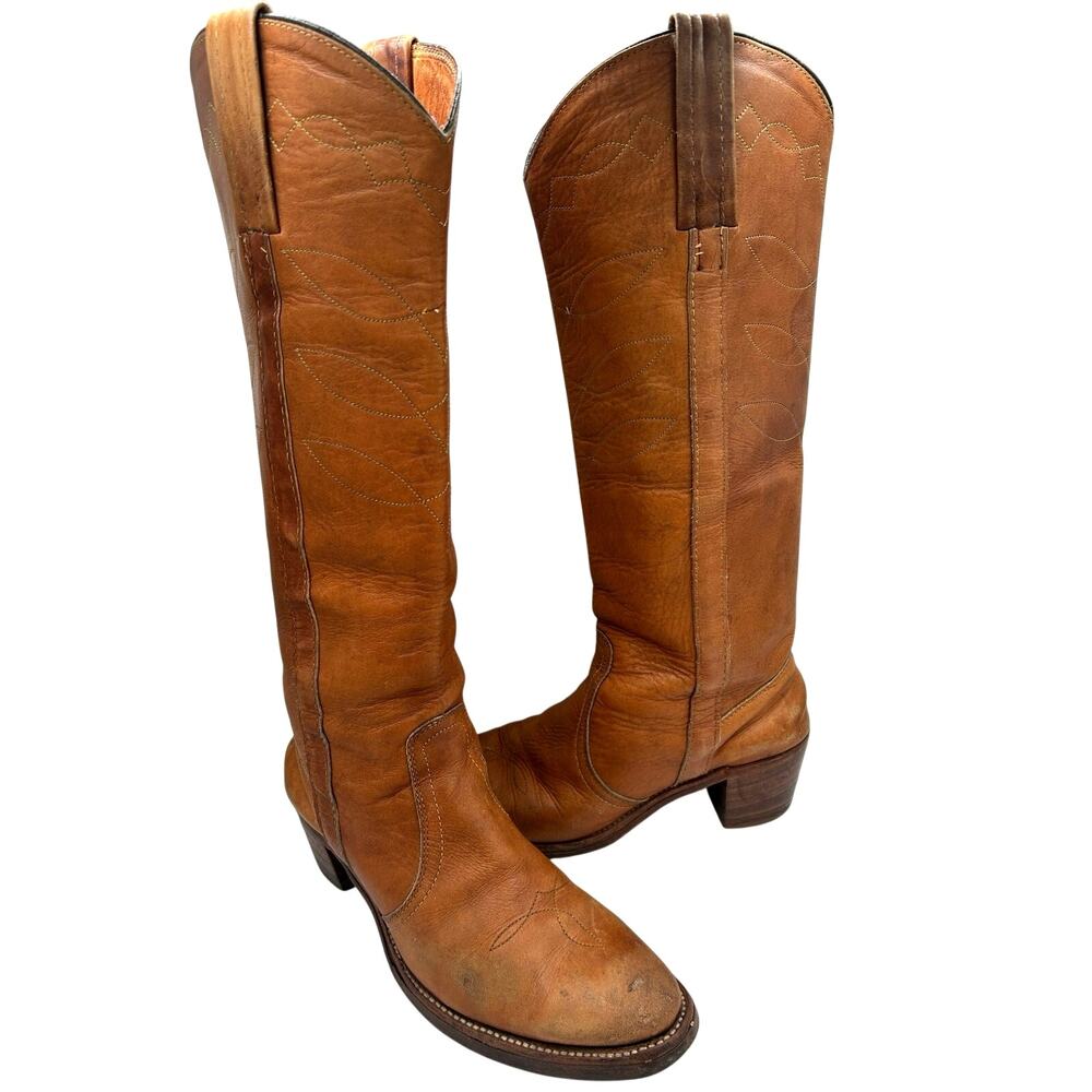 VTG FRYE 1970s TALL Campus Boot Camel cognac  Leather Womens 8 USA Embroidered